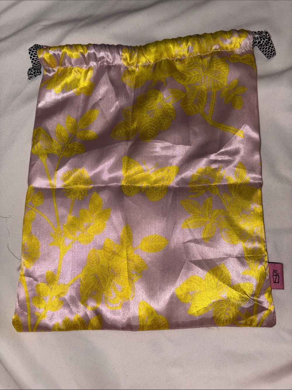 Silky Floral Drawstring Pouch in Pink and Yellow